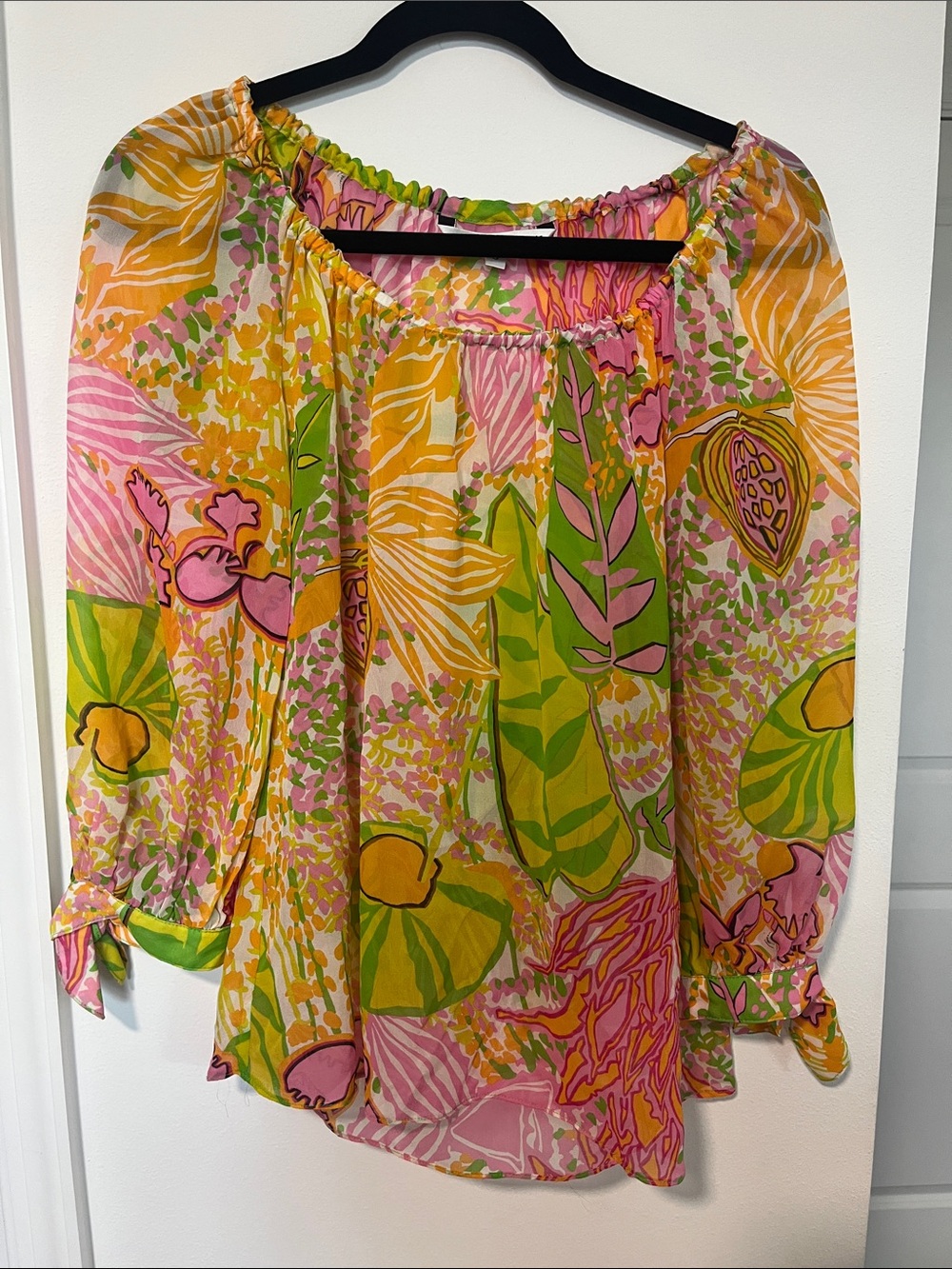 Trina Turk Sheer Silk Boho Flounce Top (Sz S) Tropical Floral Print Tie Sleeve